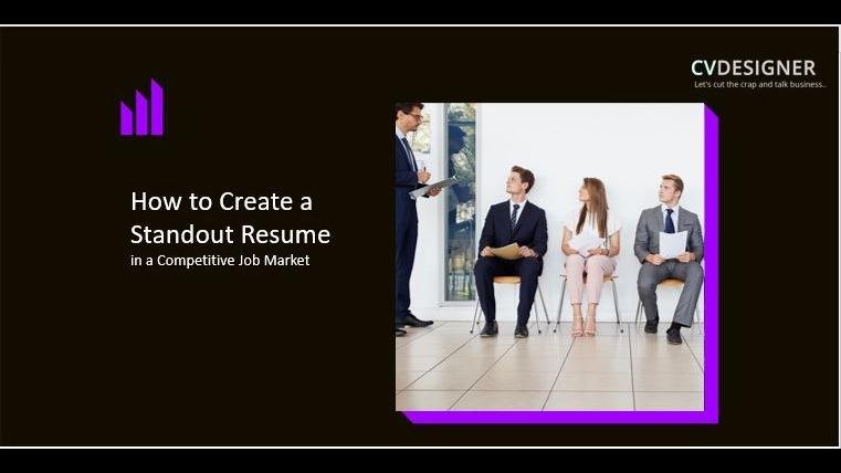 A presentation slide on "How to Create a Standout Resume" with four individuals in a business setting.