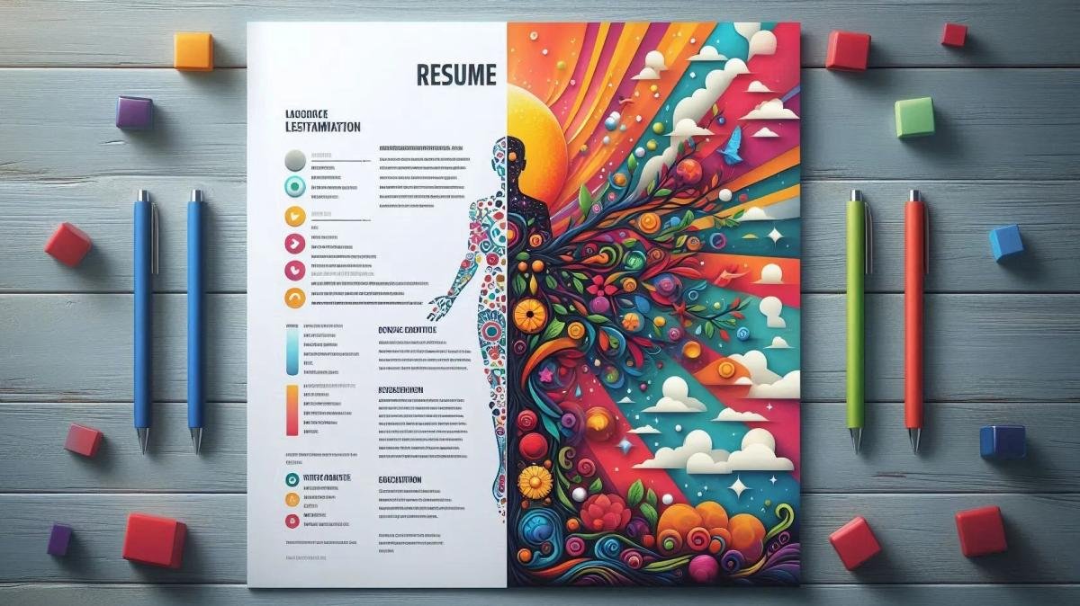 Creative resume with colorful artistic design on a wooden surface flanked by pens and erasers.