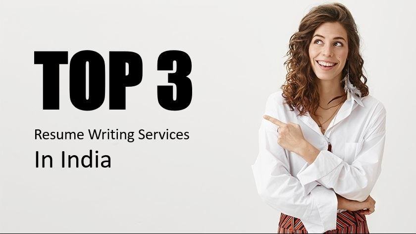Woman pointing at text "TOP 3 Resume Writing Services In India" on a white background.