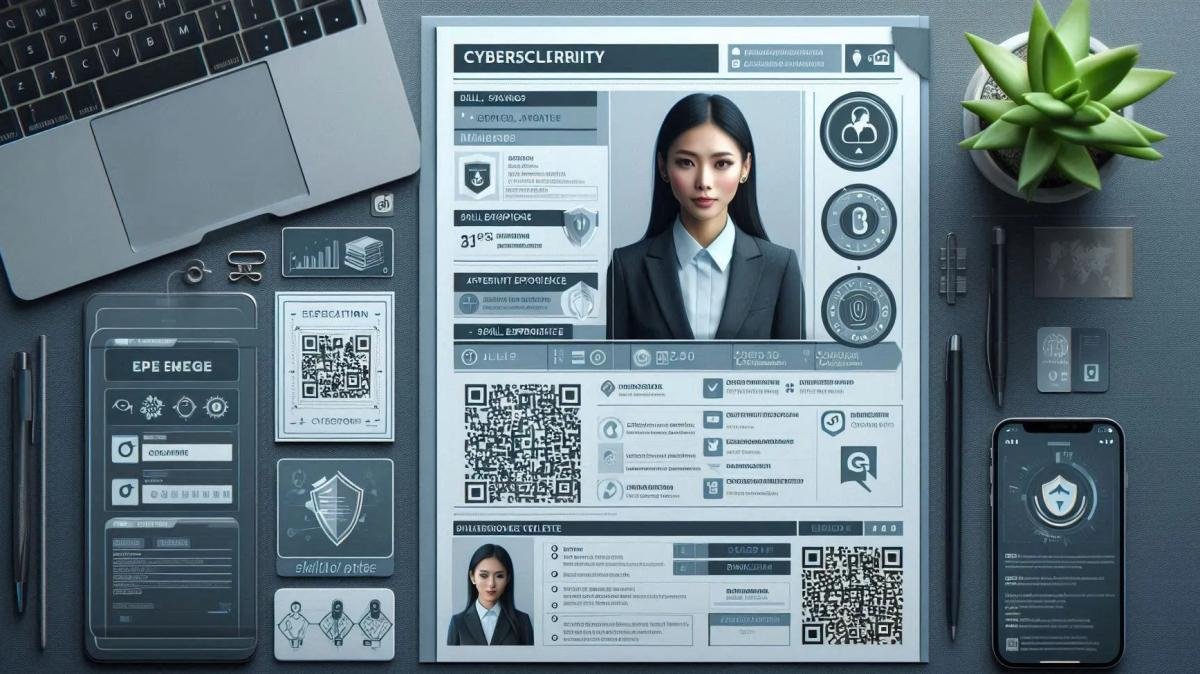 A desk with cybersecurity concept documents, laptop, phone, and plant.