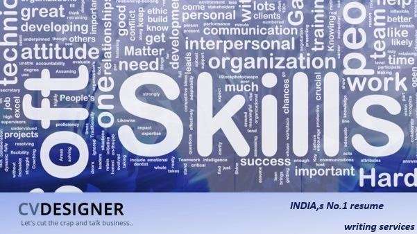 A word cloud focused on "Skills" with associated attributes and a footer for CV writing services.